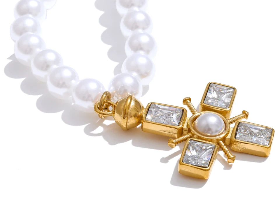 Celina Cross Pearl & CZ Necklace