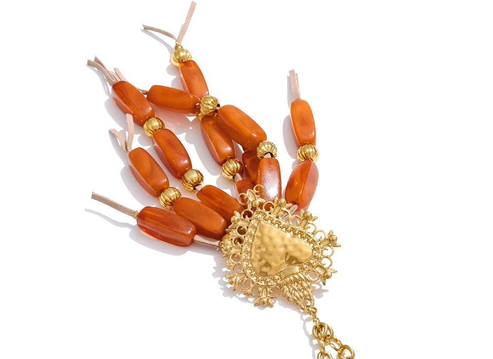 Autumn Aura Resin Beads Tassel Heart Pendant Necklace