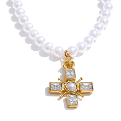 Celina Cross Pearl & CZ Necklace