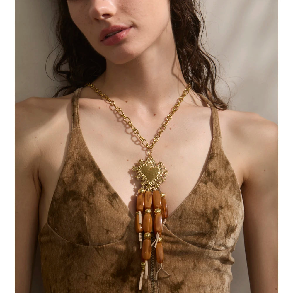 Autumn Aura Resin Beads Tassel Heart Pendant Necklace