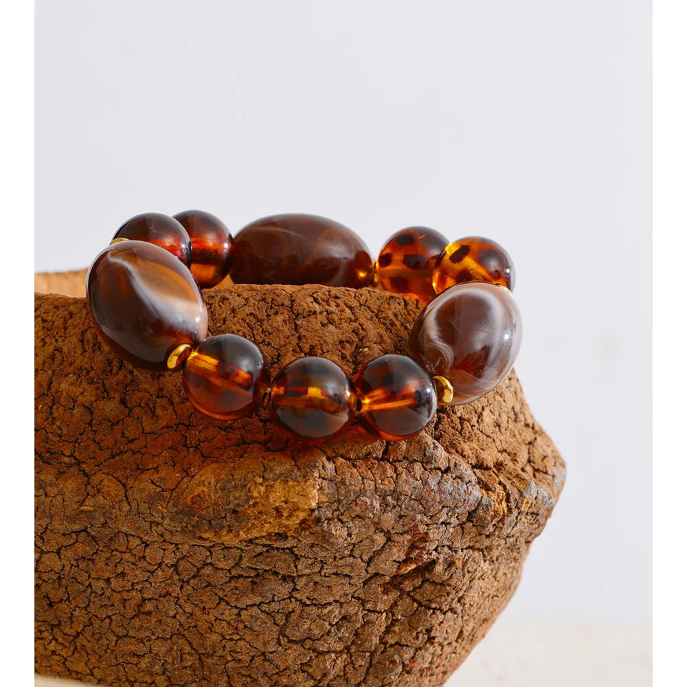 Autumn Aura Amber Resin Round Bead Bracelet