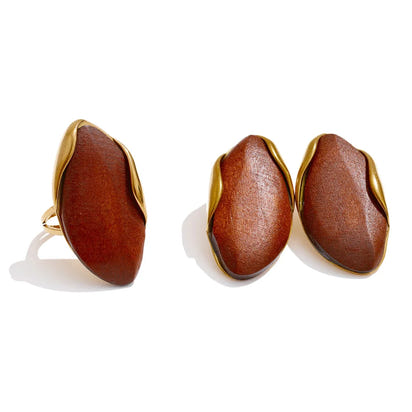 Autumn Aura Geometric Wood & Stainless Steel Stud Earrings & Ring Set