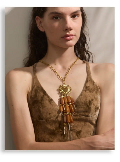 Autumn Aura Resin Beads Tassel Heart Pendant Necklace