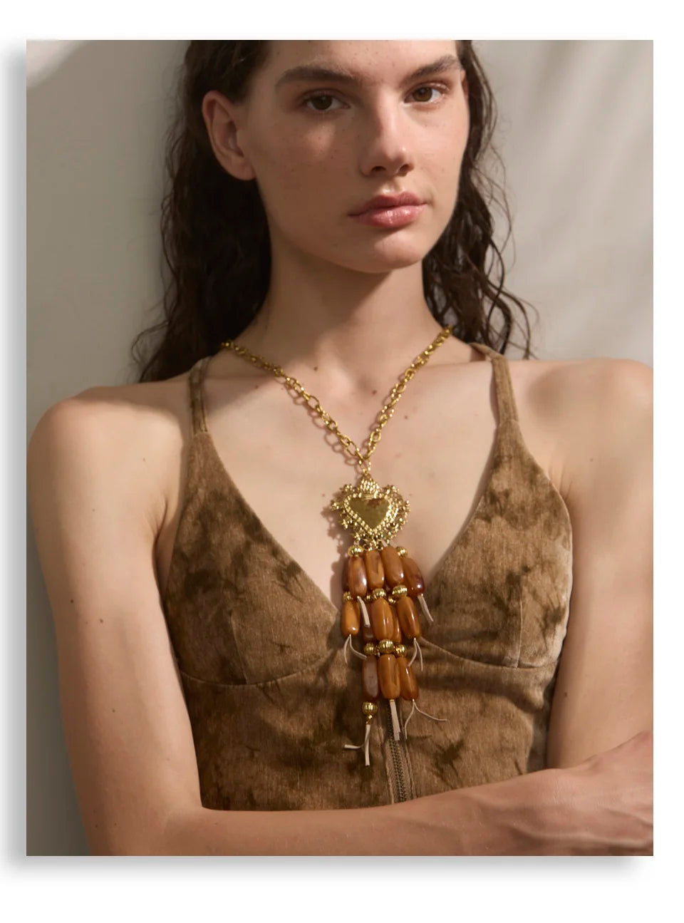 Autumn Aura Resin Beads Tassel Heart Pendant Necklace