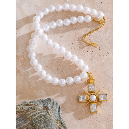 Celina Cross Pearl & CZ Necklace