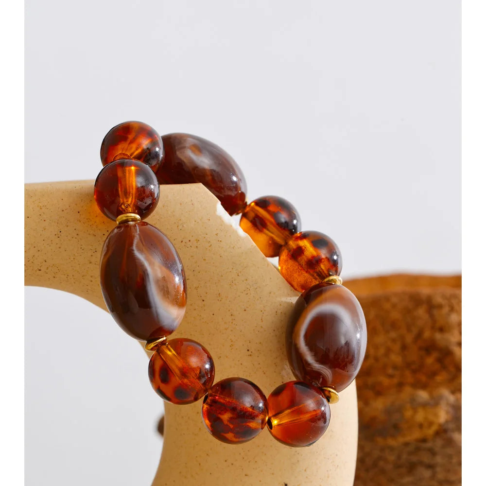 Autumn Aura Amber Resin Round Bead Bracelet