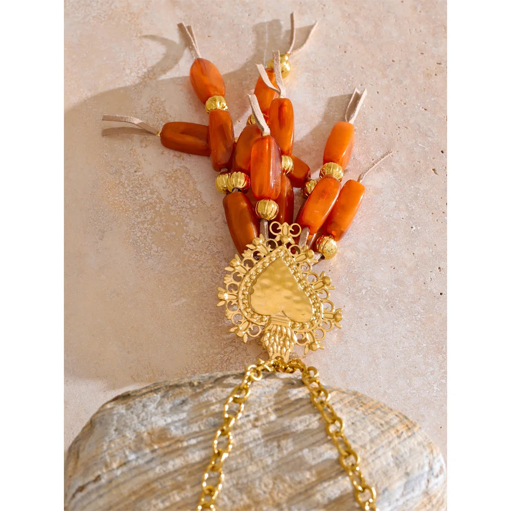 Autumn Aura Resin Beads Tassel Heart Pendant Necklace