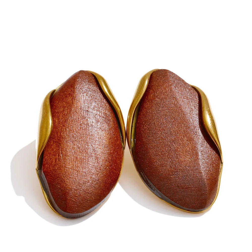 Autumn Aura Geometric Wood & Stainless Steel Stud Earrings & Ring Set