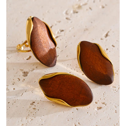 Autumn Aura Geometric Wood & Stainless Steel Stud Earrings & Ring Set