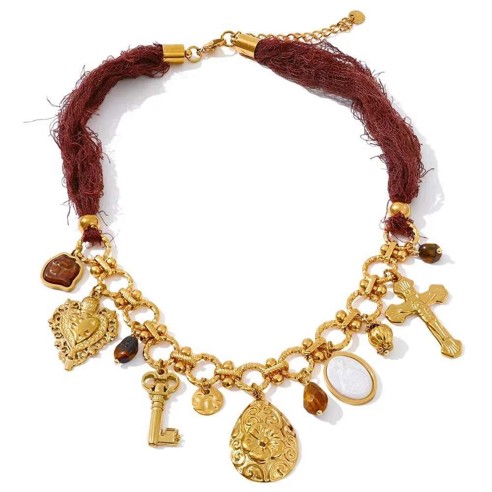 Autumn Aura Vintage Resin Heart & Flower Cross Pendant Necklace