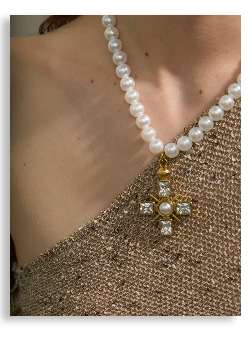 Celina Cross Pearl & CZ Necklace