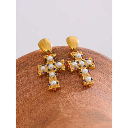 Selene Cross Pearl Drop Earrings