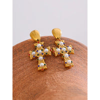 Selene Cross Pearl Drop Earrings