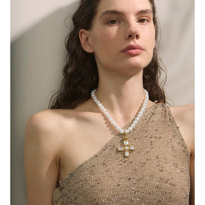 Celina Cross Pearl & CZ Necklace