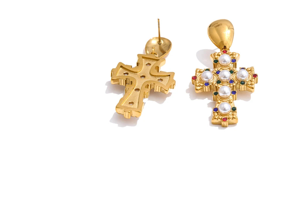 Selene Cross Pearl Drop Earrings