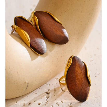 Autumn Aura Geometric Wood & Stainless Steel Stud Earrings & Ring Set
