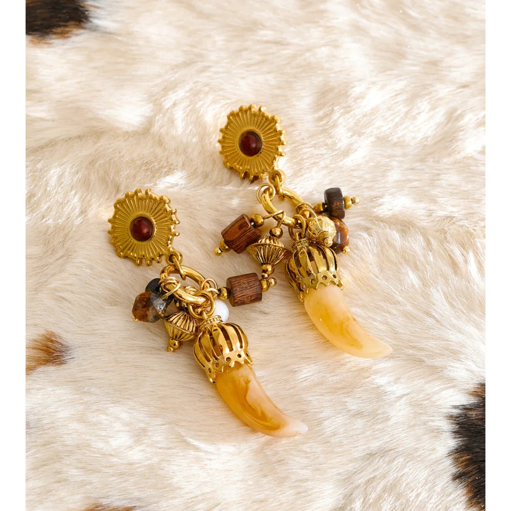 Autumn Aura Vintage Wood & Resin Horn Drop Earrings