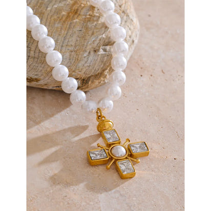 Celina Cross Pearl & CZ Necklace