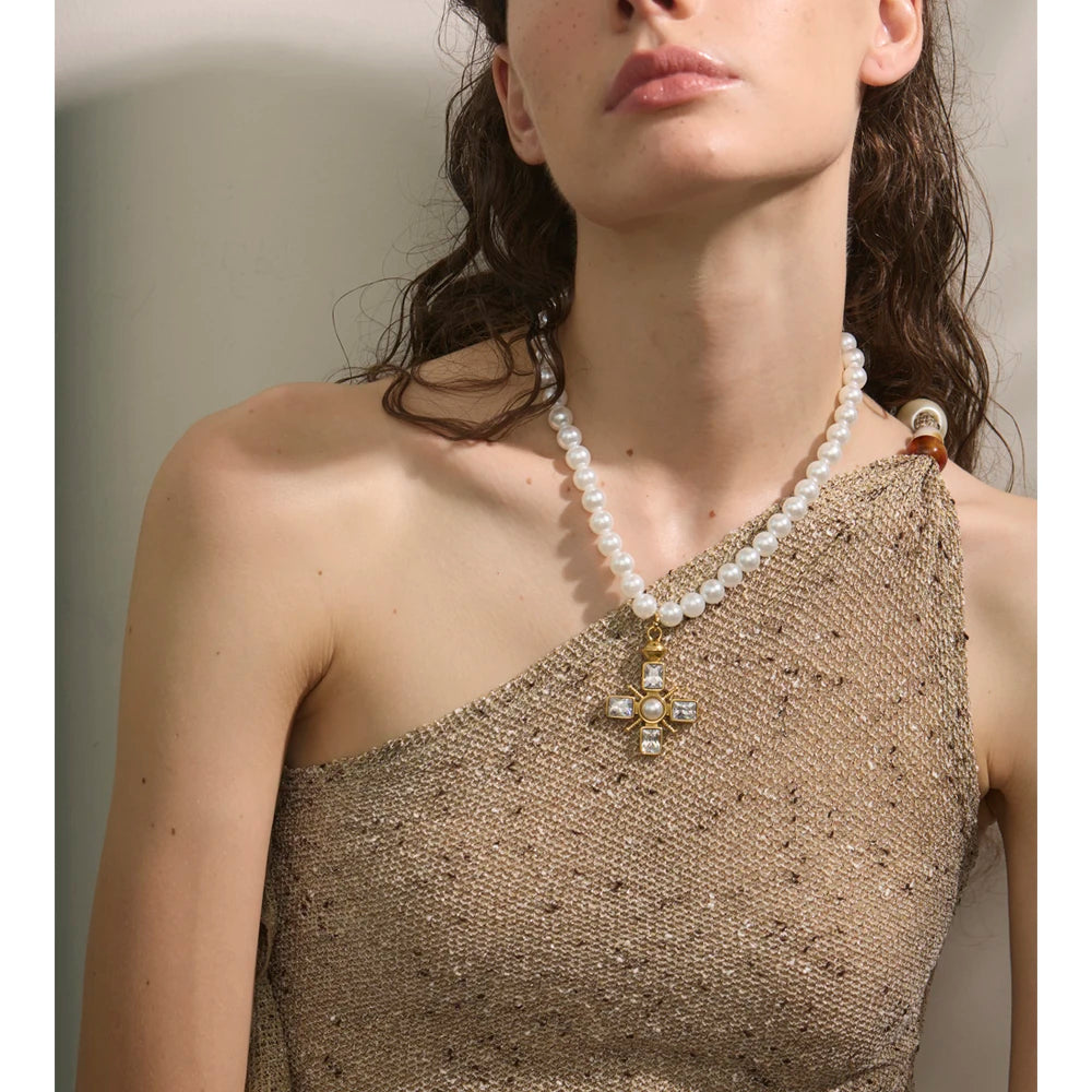 Celina Cross Pearl & CZ Necklace