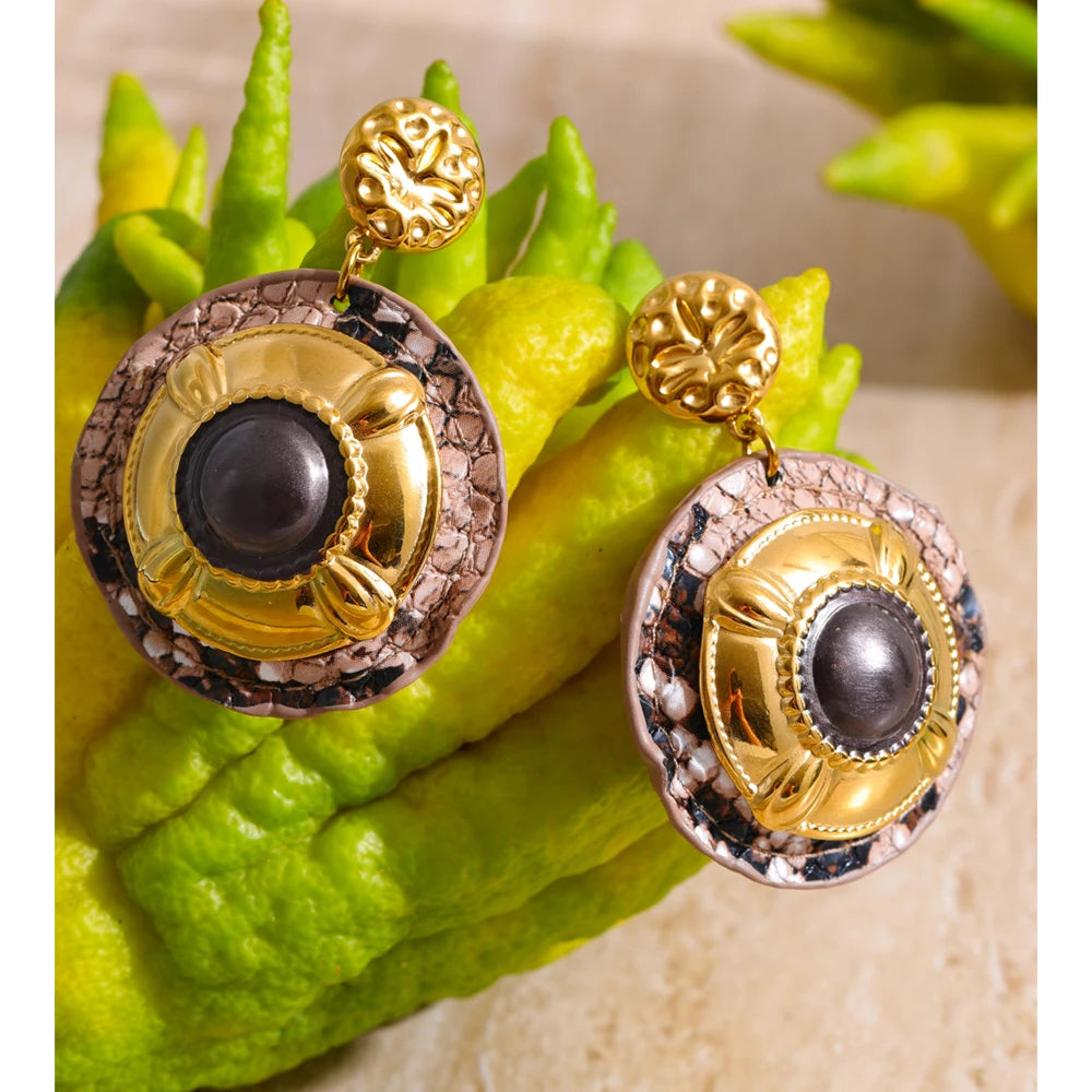 Autumn Aura Black Enamel Snake Pattern Drop Earrings