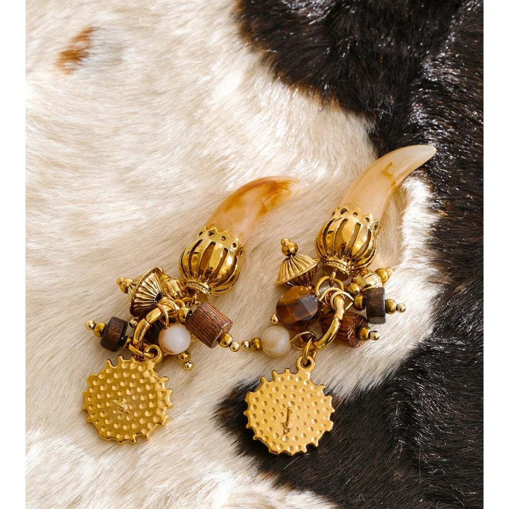 Autumn Aura Vintage Wood & Resin Horn Drop Earrings
