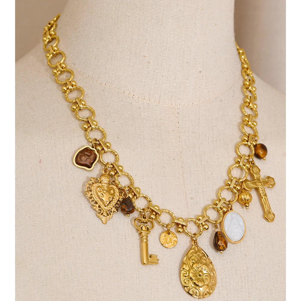 Autumn Aura Vintage Resin Heart & Flower Cross Pendant Necklace